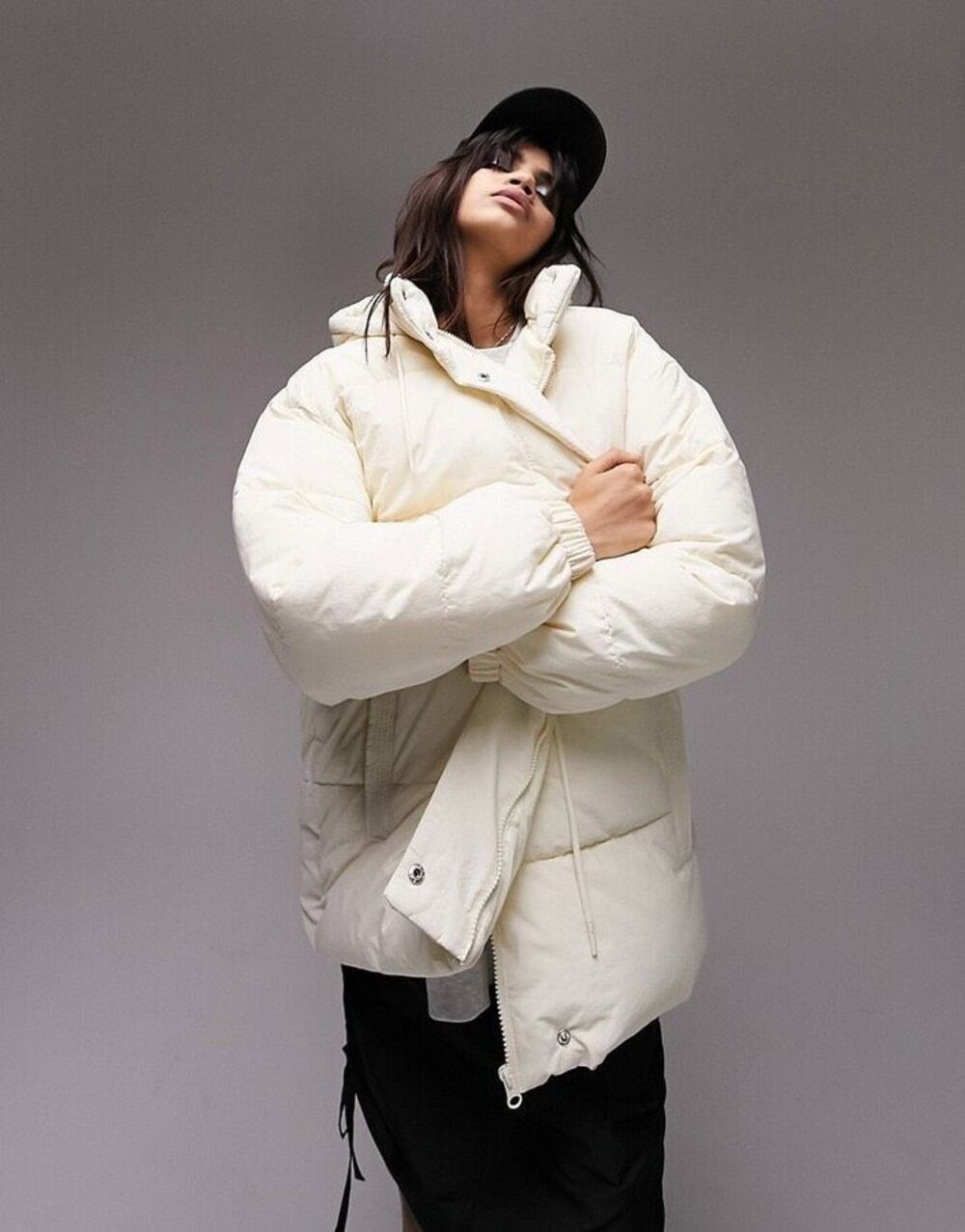 Topshop Cream Oversized Puffer Winter Coat Size Petite 8 Medium With Hood